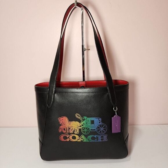 NWT Coach C7221 Tote 27 Horse Carriage Womens Large Black Leather Ombre Rainbow